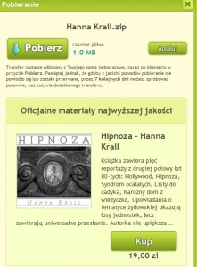 Pobierając nieautoryzowany przez wydawcę plik z książkami Hanny Kral otrzymujemy jednocześnie reklamę prowadzącą nas na stronę audioteka.pl (źródło: chomikuj.pl)
